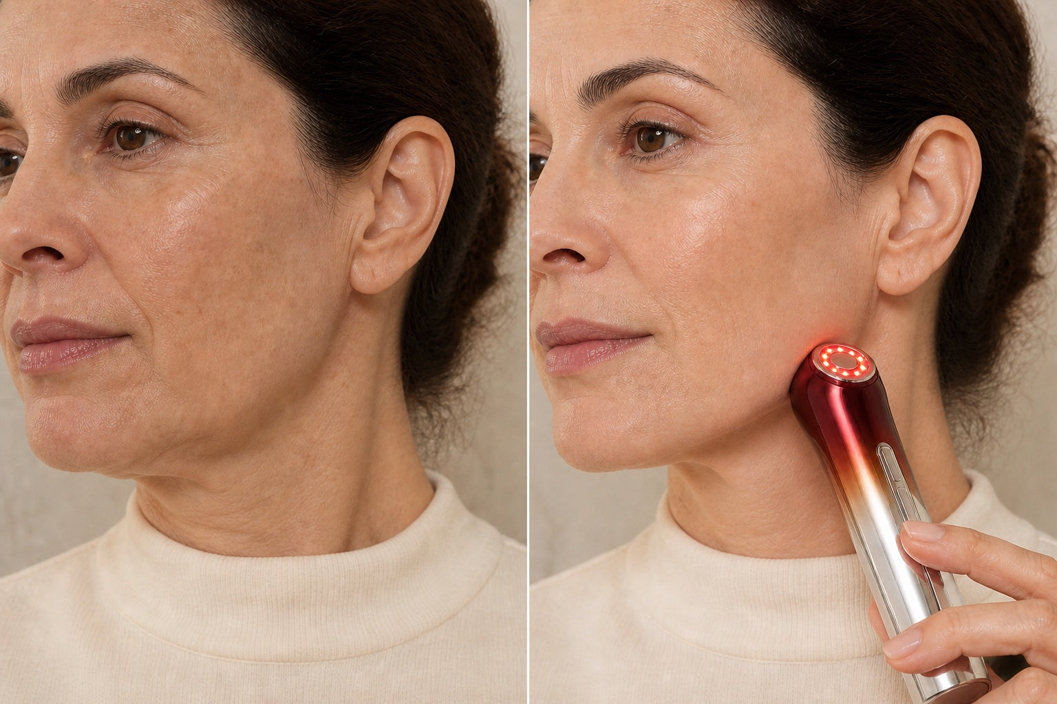 Mujer utilizando el dispositivo de microcorriente Piel de Luz sobre el contorno facial